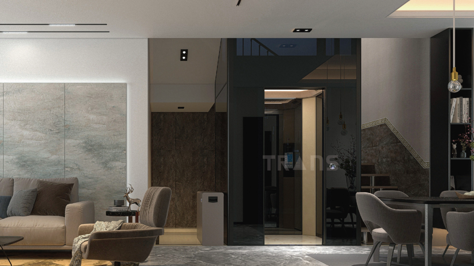 Modern home lift inside a residential home with glass cabin