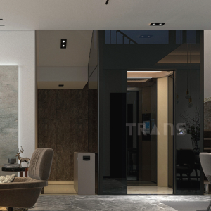 Modern home lift inside a residential home with glass cabin