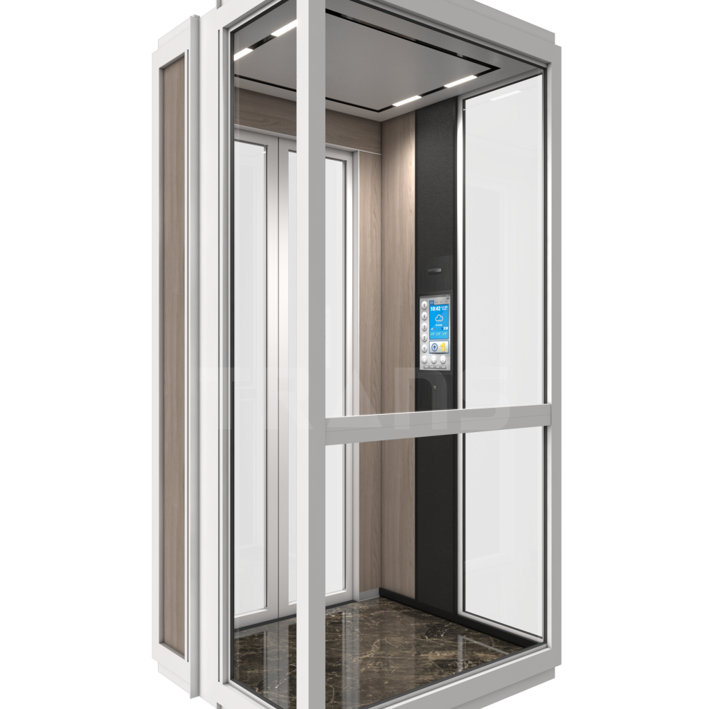 nterior of a home lift with wooden panels and stainless handrail